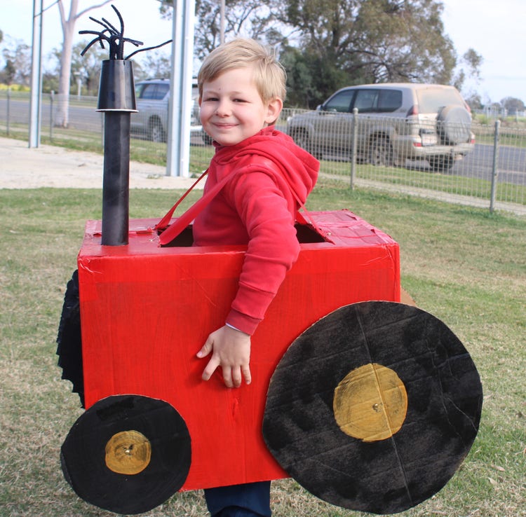 Student in Book Character Parade dressed as a tractor